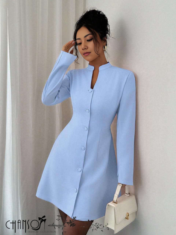 Sky blue stand-collar mini dress with button-front placket and long sleeves