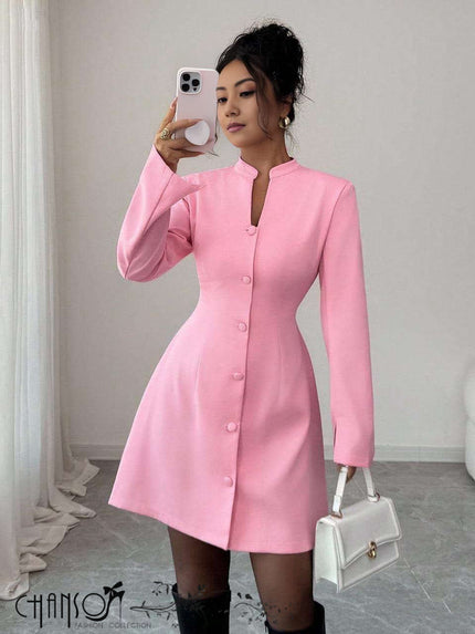 Pink stand-collar mini dress with button-front detail and long sleeves