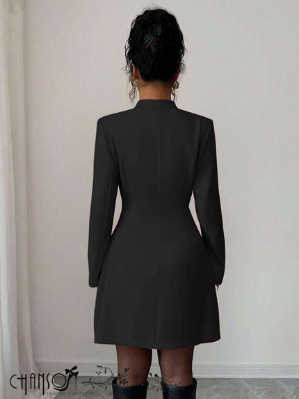 Black stand-collar mini dress with long sleeves, back view
