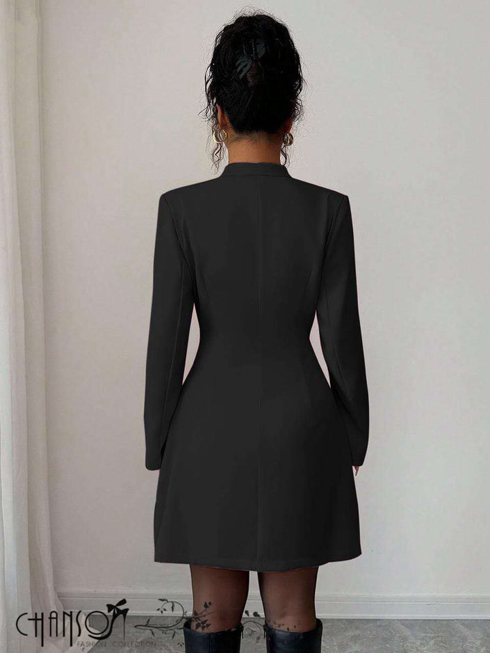 Black stand-collar mini dress with long sleeves, back view