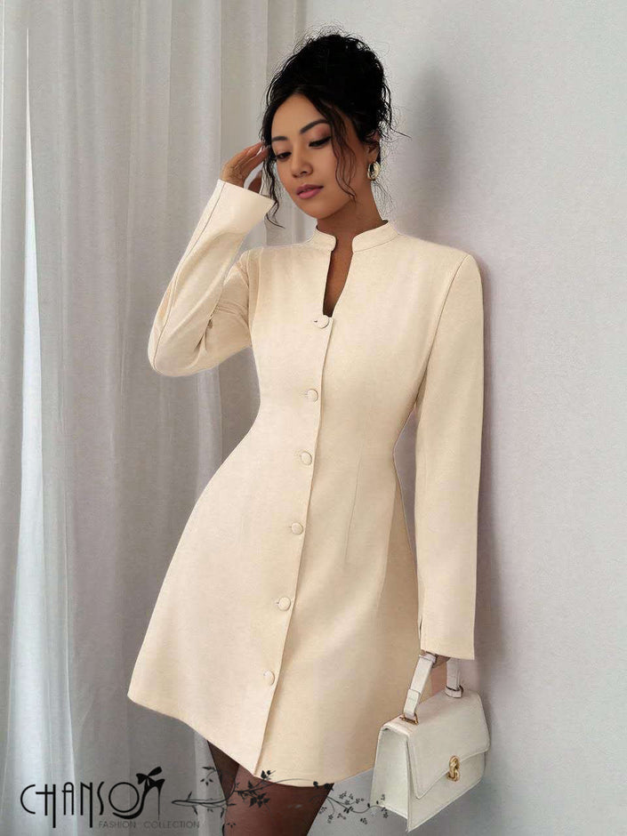 Beige stand-collar mini dress with button-front placket and long sleeves
