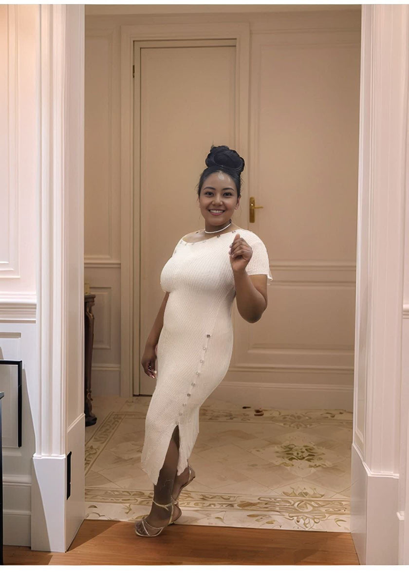 One-Shoulder Knitted Dress with Side Button Trim