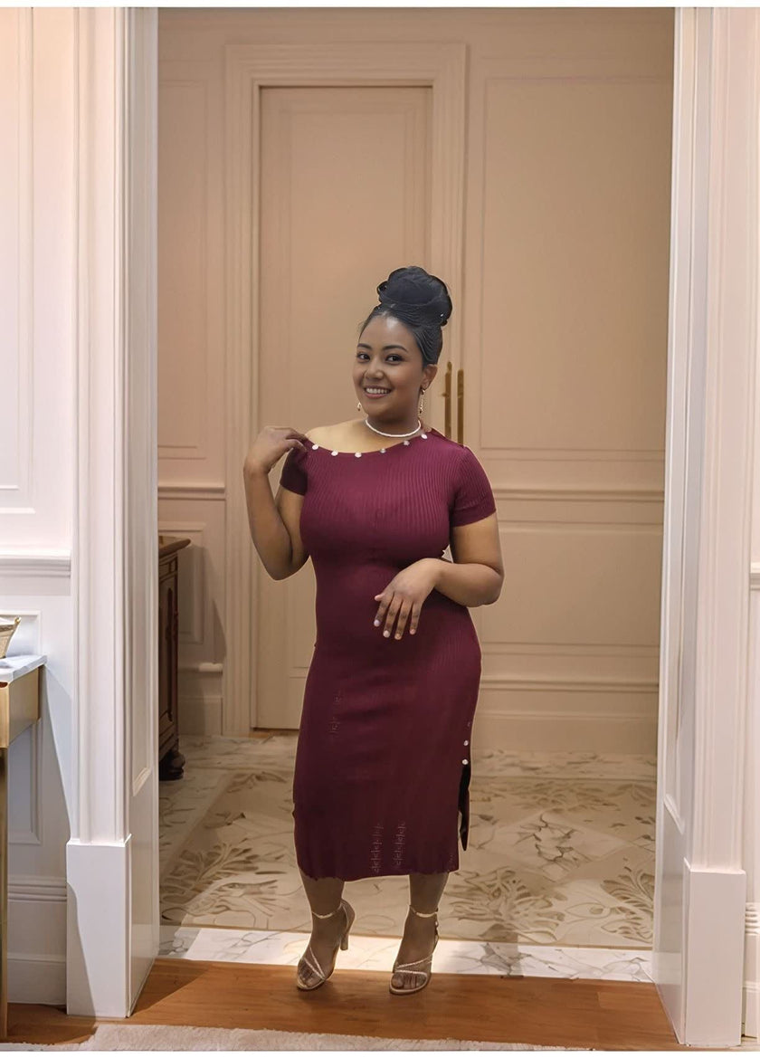 One-Shoulder Knitted Dress with Side Button Trim