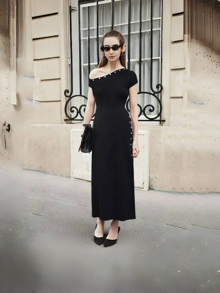 Black one-shoulder knit midi dress with side button detail and stud-trim neckline