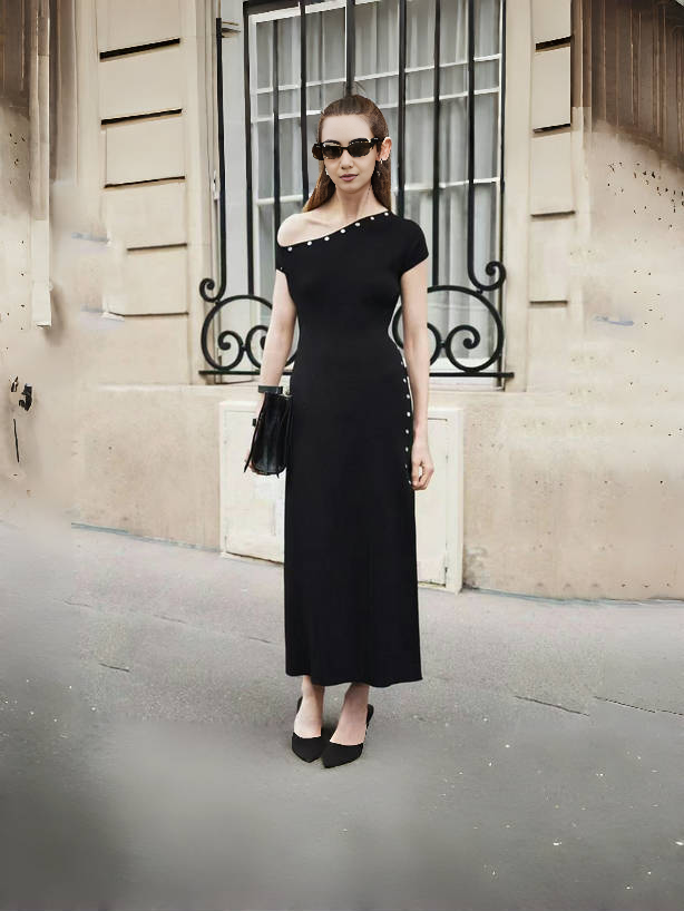 Black one-shoulder knit midi dress with side button detail and stud-trim neckline