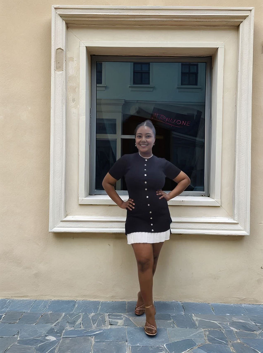 Button-Front Knitted Dress with Pleated Hem Detail