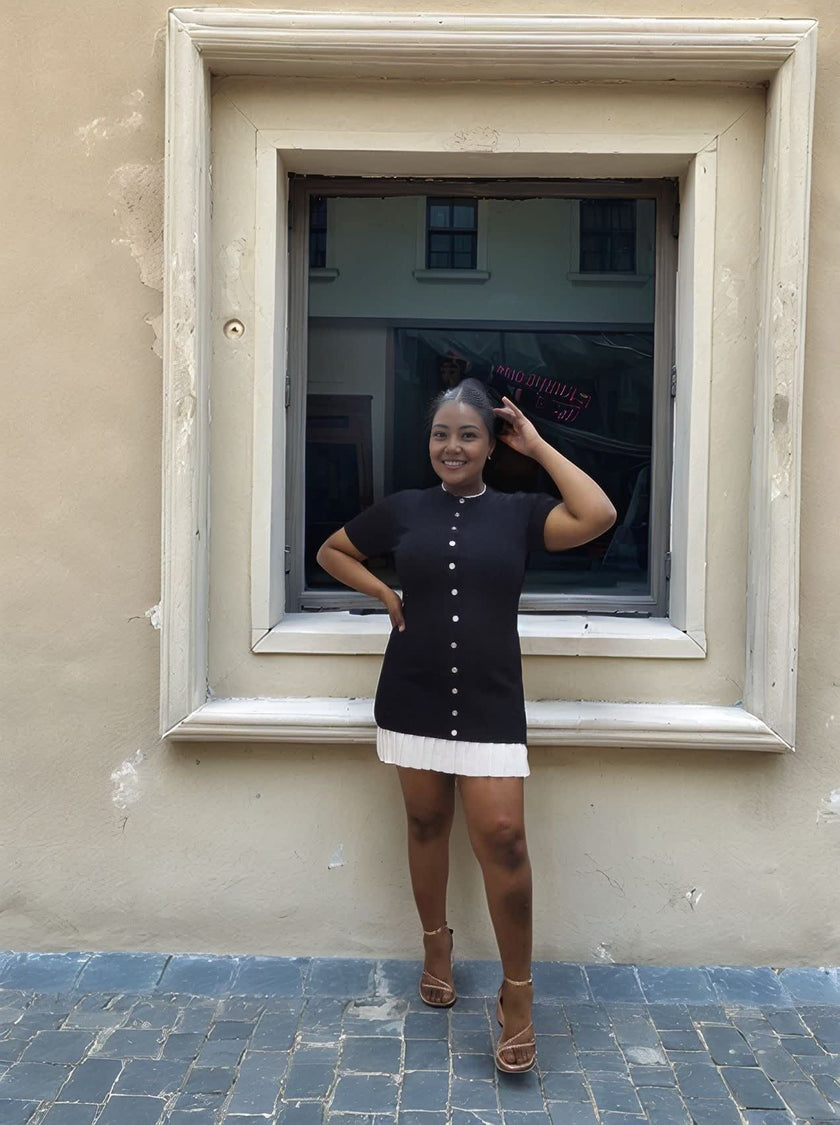 Button-Front Knitted Dress with Pleated Hem Detail