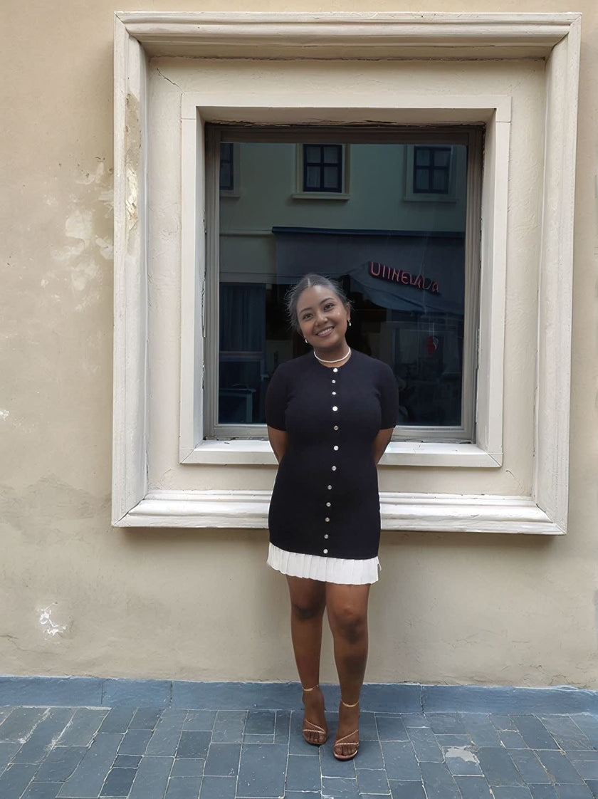 Button-Front Knitted Dress with Pleated Hem Detail