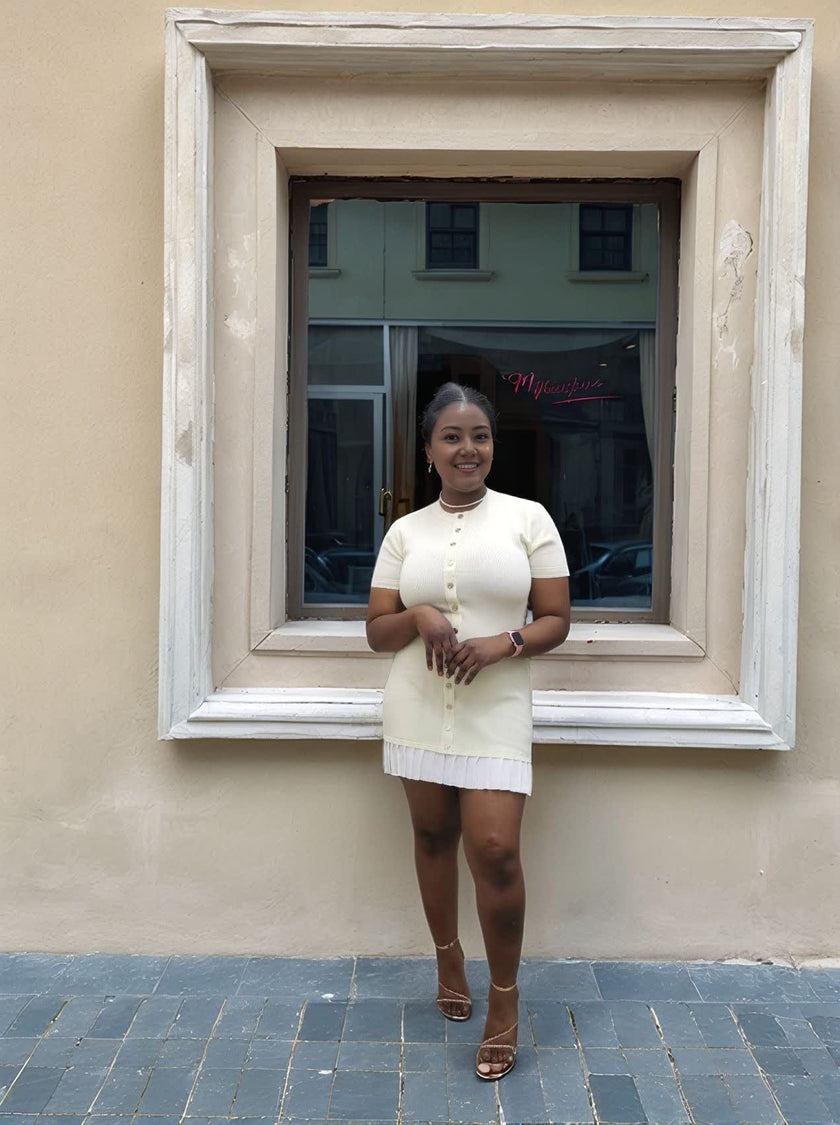 Button-Front Knitted Dress with Pleated Hem Detail