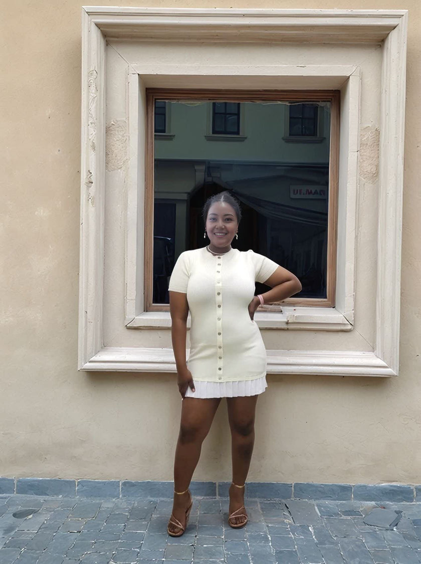 Button-Front Knitted Dress with Pleated Hem Detail