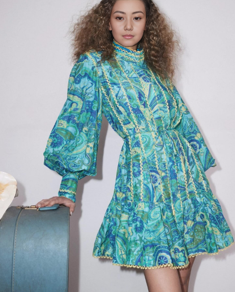 Vintage Floral Long Sleeve Dress with Ruffled Collar and Waist Tie