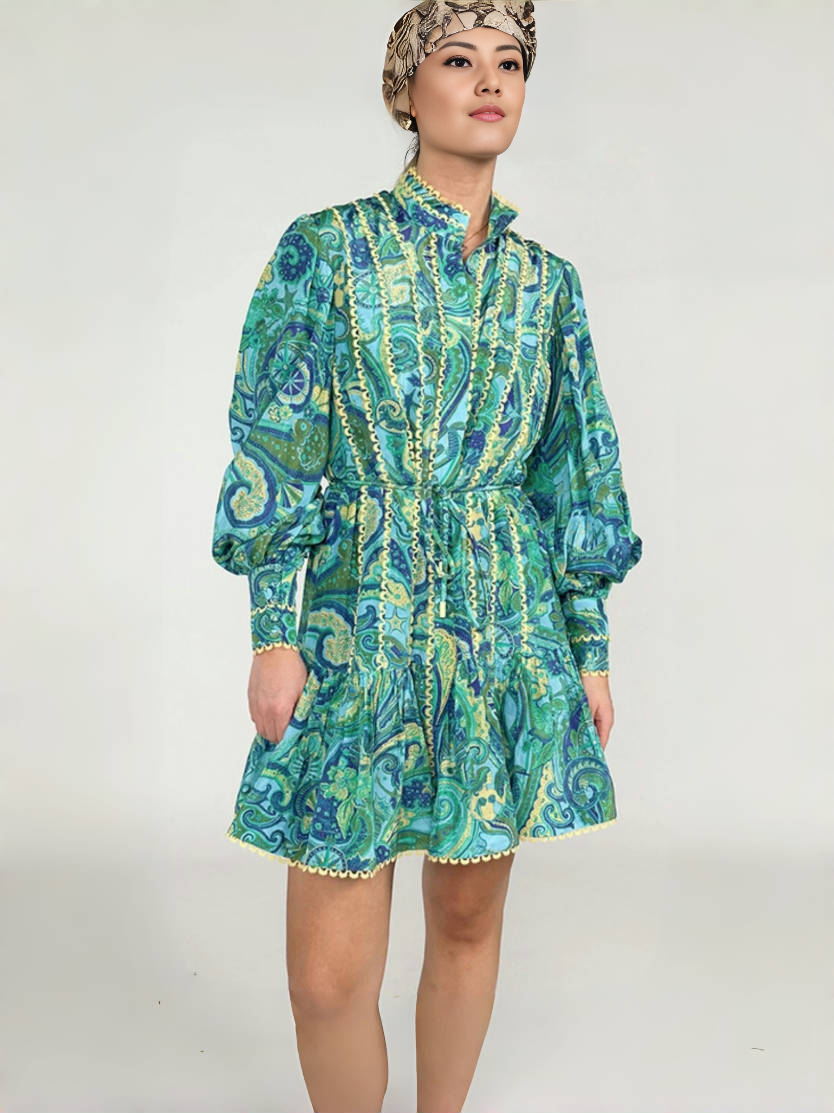 Vintage Floral Long Sleeve Dress with Ruffled Collar and Waist Tie