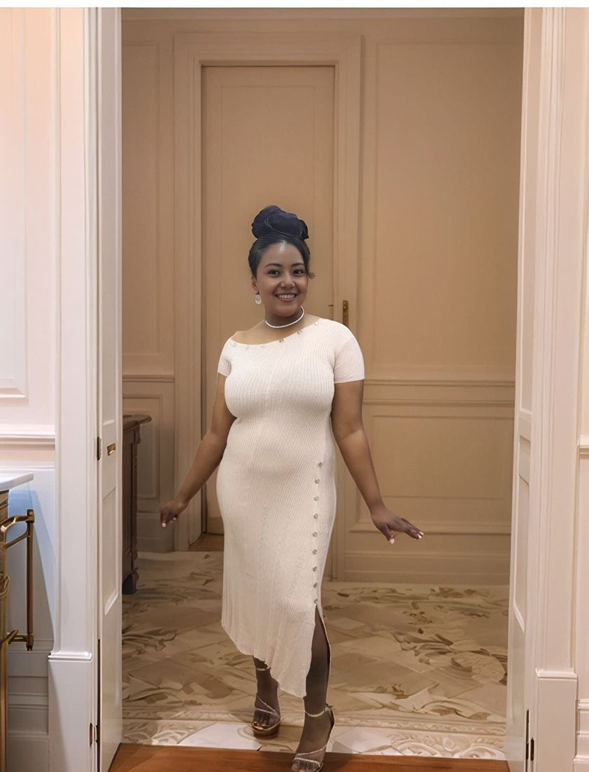 One-Shoulder Knitted Dress with Side Button Trim