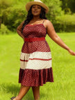 Burgundy floral A-line midi dress with belt, spaghetti straps, tiered layers
