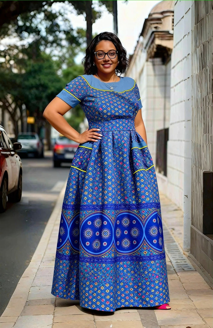 Blue printed maxi dress with short sleeves, round neckline, and flared skirt