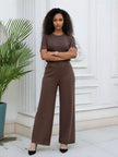 Brown high-waist wide-leg tailored pants with straight wide legs