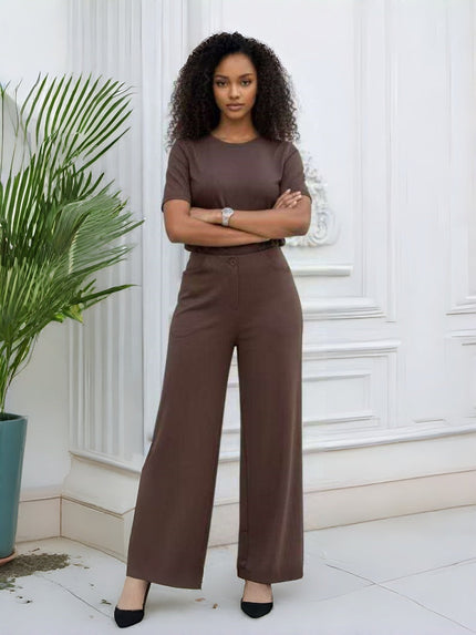 Brown high-waist wide-leg tailored pants with straight wide legs