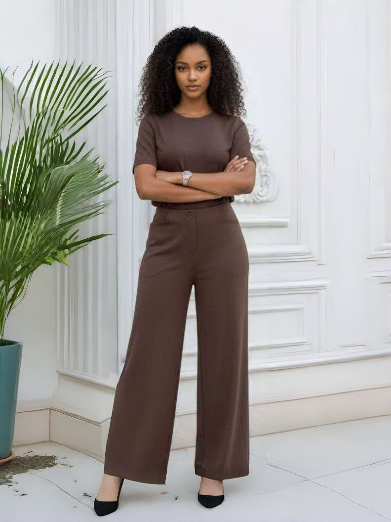 Brown high-waist wide-leg tailored pants with straight wide legs