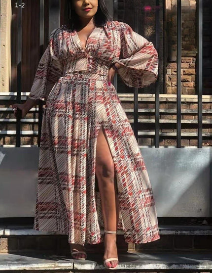 Long-sleeve maxi dress with V-neck and gathered waist, multicolor abstract print, high slit
