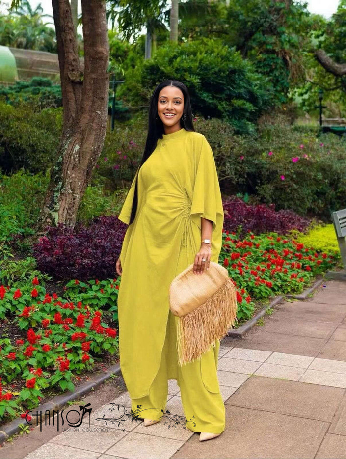 Yellow-green gathered wide-leg pantsuit with matching tunic and drawstring waist