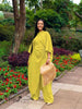 Yellow-green gathered wide-leg pantsuit with matching tunic and drawstring waist