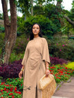 Tan gathered wide-leg pantsuit with matching tunic and drawstring waist