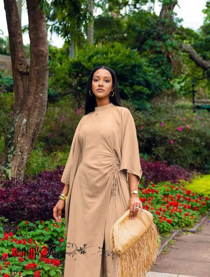 Tan gathered wide-leg pantsuit with matching tunic and drawstring waist