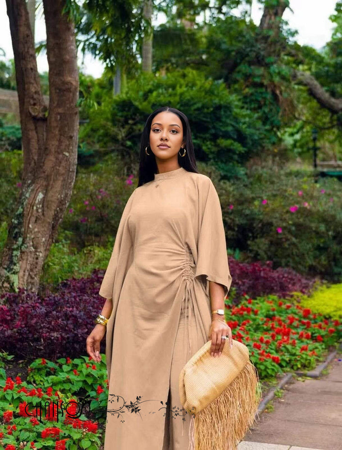 Tan gathered wide-leg pantsuit with matching tunic and drawstring waist