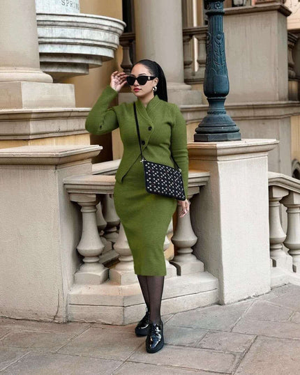 Army-green knit crossover-collar cardigan midi pencil skirt set