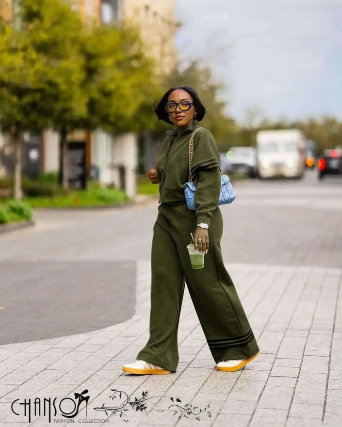 Army green zip-front jacket and wide-leg striped pants set