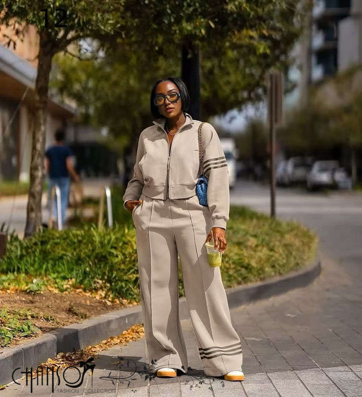 Nude zip-front jacket and wide-leg striped pants set