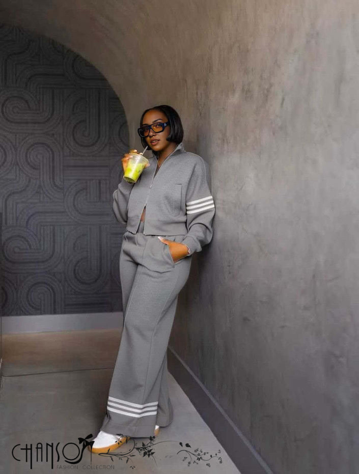 Grey zip-front jacket and wide-leg striped pants set