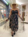 Women's Floral Print Spaghetti Strap Maxi Dress with Sweetheart Neckline and Sheer Overlay