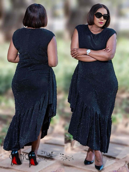 Glitter asym midi dress, sleeveless dark navy, fitted bodice with draped asymmetric hem