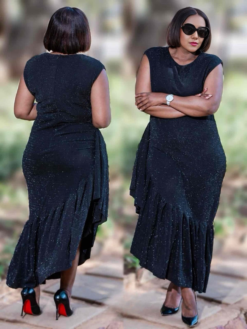 Sleeveless V-Neck Dress with Asymmetrical Hemline and Glitter Texture