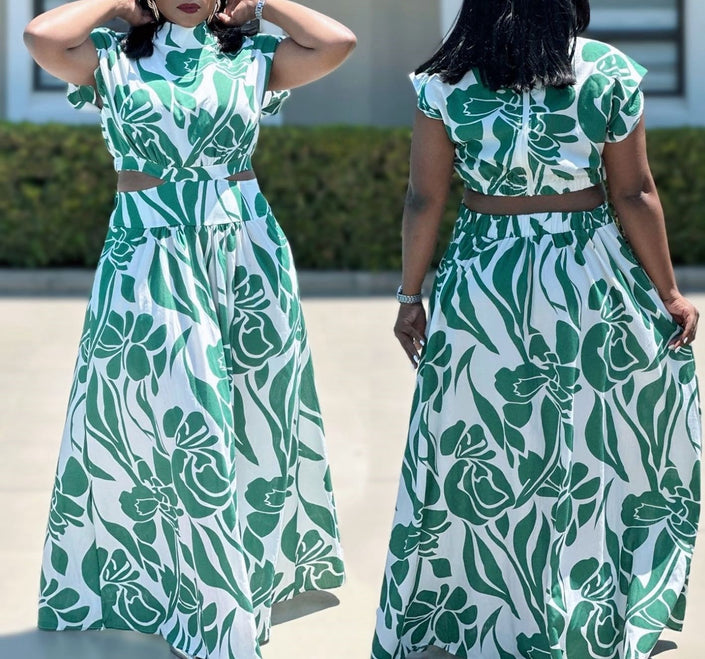 Floral maxi skirt with stretch waist, green-and-white botanical print, gathered skirt hem