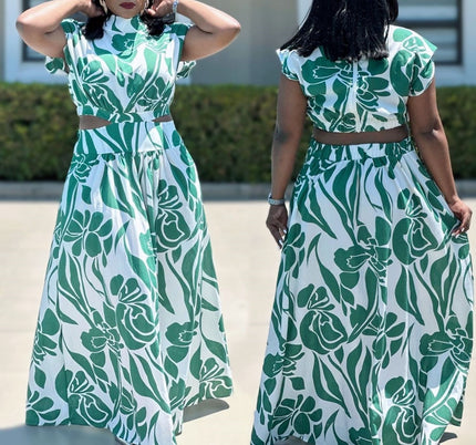 Floral Print  Dress with Cropped Top and High-Waisted Skirt