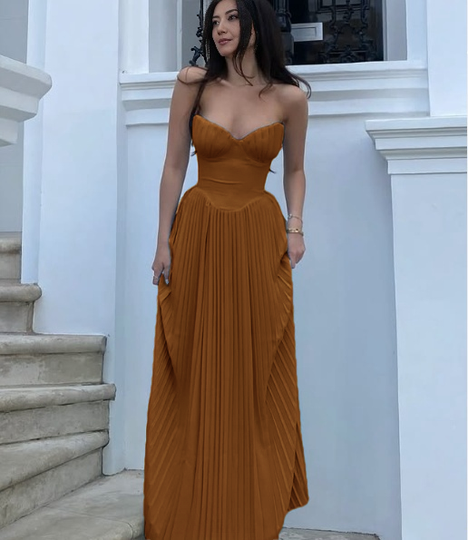 Peru pleated bustier maxi dress with sweetheart neckline, fitted bodice
