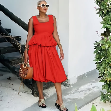 Orange-red bubble-hem sleeveless midi dress, square neckline, tiered ruffle skirt