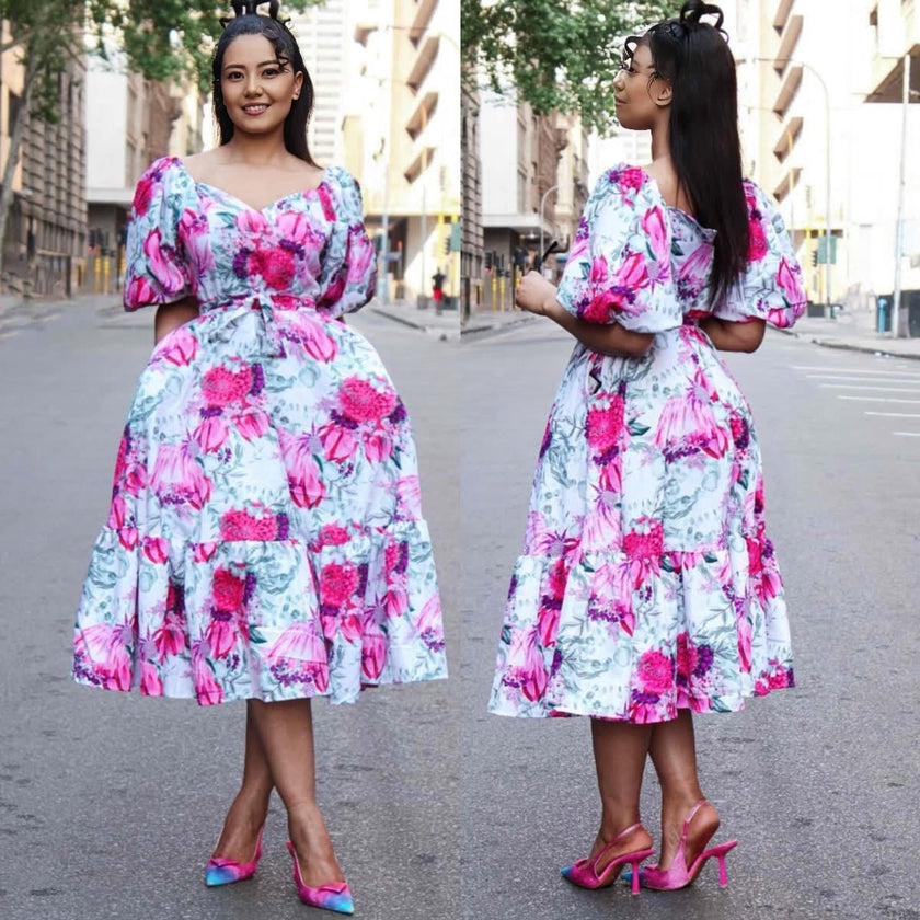 Floral Print Puff Sleeve Midi Dress