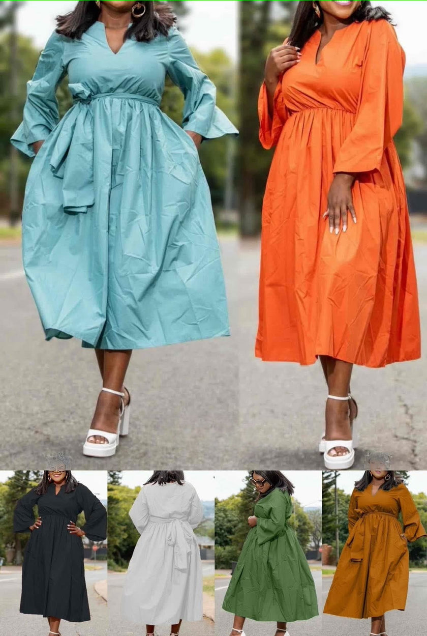 V-Neckline Midi Dress with Cinched Waist and Bishop Sleeves