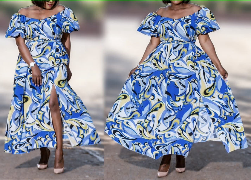 Off-Shoulder Belted Midi Dress with Abstract Swirl Print