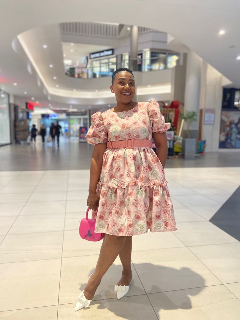 Women's Puff Sleeve Rose Pattern Dress with Belt