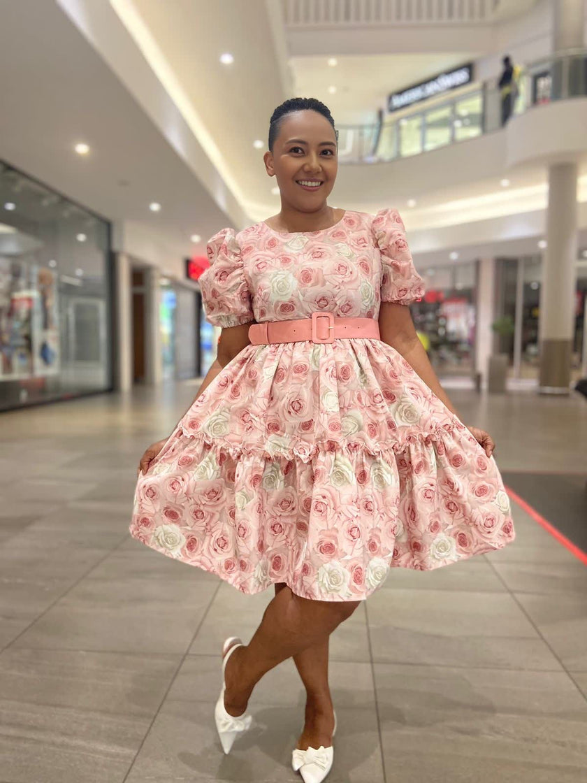 Women's Puff Sleeve Rose Pattern Dress with Belt