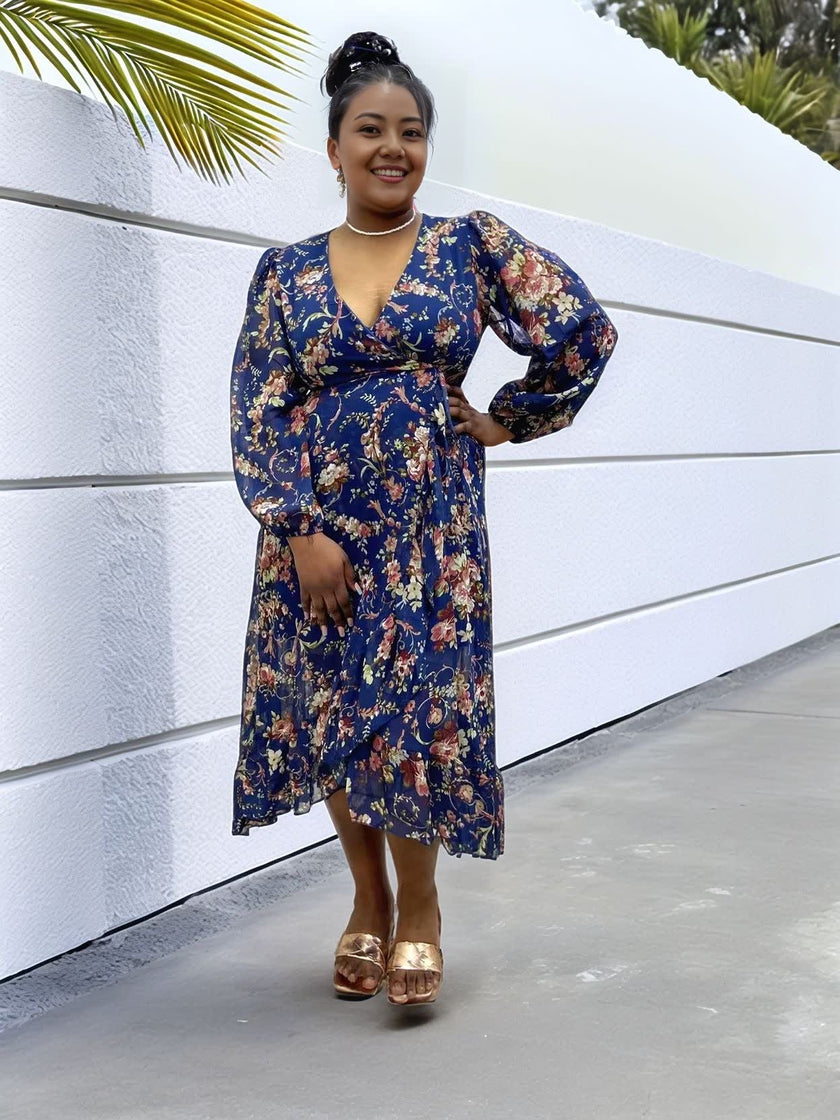 Floral Print V-neck Long Sleeve Midi Dress