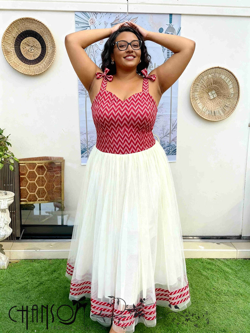Zigzag tulle midi dress: maroon chevron bodice, cream tulle skirt with red zigzag trim