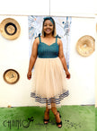 Zigzag tulle midi dress: teal chevron bodice, cream layered tulle skirt, bow straps