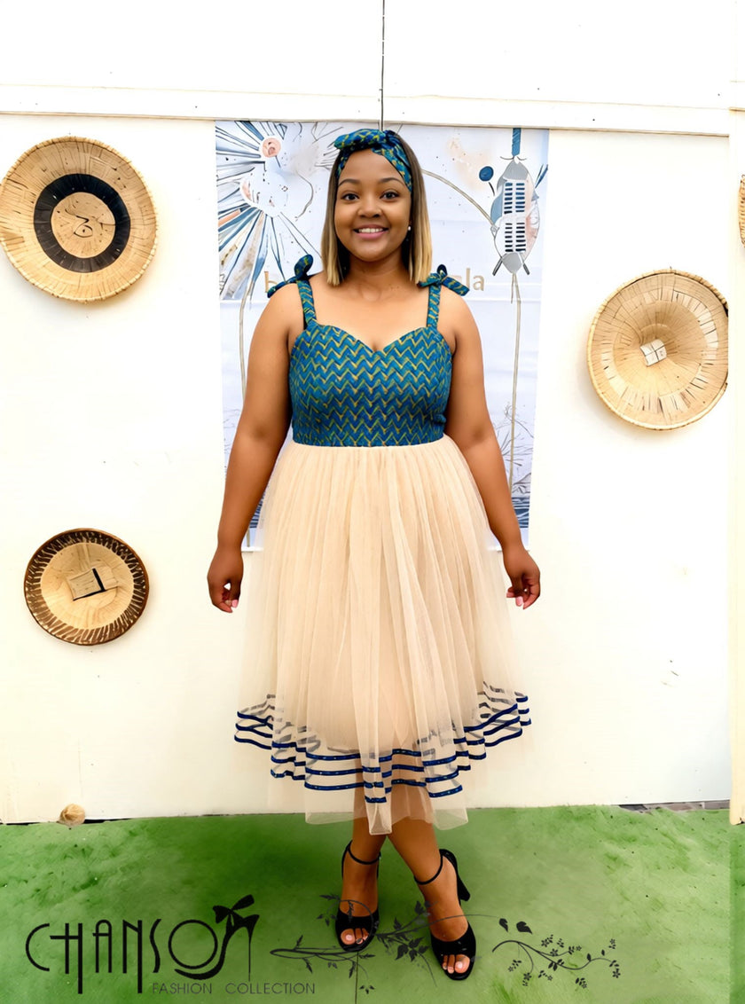 Zigzag tulle midi dress: teal chevron bodice, cream layered tulle skirt, bow straps