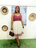 Zigzag tulle midi dress: maroon chevron bodice, cream layered tulle skirt, ruffled straps
