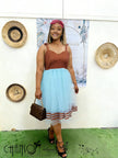Zigzag tulle midi dress: maroon chevron bodice, sky-blue tulle skirt, red zigzag hem
